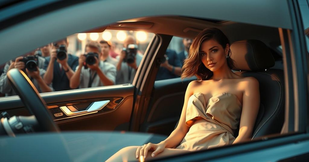 A stylish tan dress in a luxury car setting with paparazzi reflections, conveying intrigue and attention.