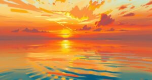 A serene landscape with a sunset reflecting on calm waters, embodying peace and resolution.