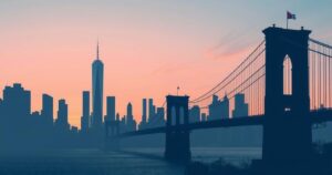 Silhouette of a New York skyline at dusk, reflecting themes of love and complexity, in a soft pastel colour palette.