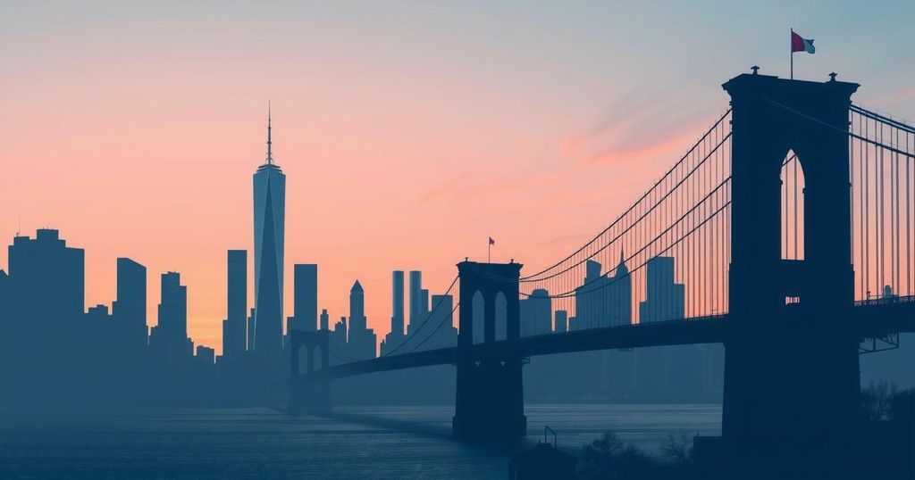Silhouette of a New York skyline at dusk, reflecting themes of love and complexity, in a soft pastel colour palette.