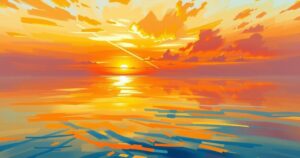 A serene landscape with a vibrant sunset over calm waters, reflecting warm hues and creating a peaceful ambiance.
