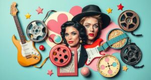A vibrant collage showcasing wild celebrity controversies with artistic flair and pastel shades.