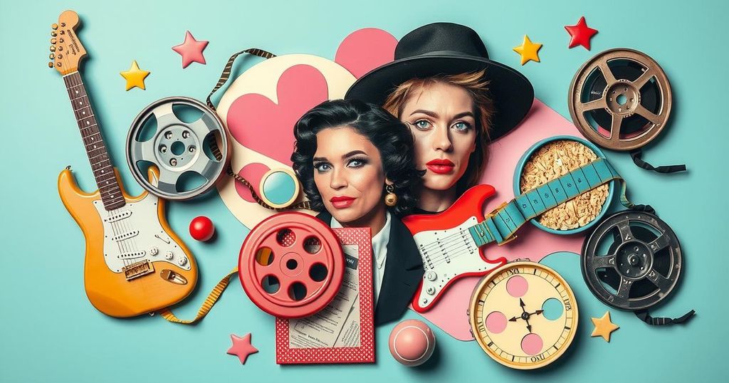 A vibrant collage showcasing wild celebrity controversies with artistic flair and pastel shades.