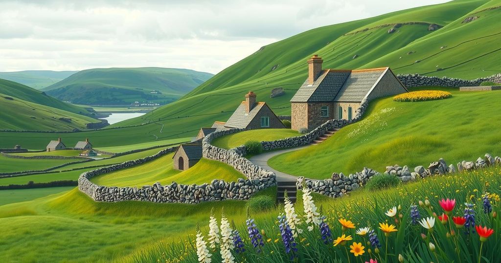 A lush Irish landscape featuring rolling green hills, traditional cottages, and vibrant wildflowers under a clear blue sky.