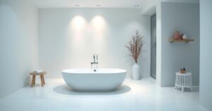 A serene bathroom scene featuring a bathtub, soft lighting, subtle blue and white colour scheme, emphasizing tranquility.