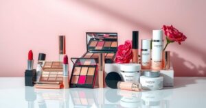 A luxurious beauty product display showcasing vibrant cosmetics in a chic setting, highlighted by soft pastel colours.