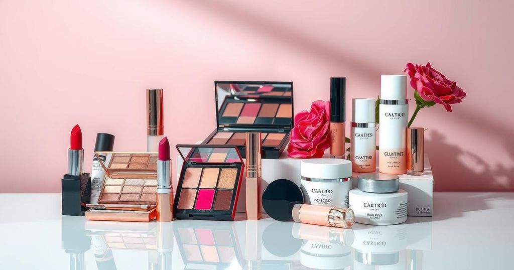 A luxurious beauty product display showcasing vibrant cosmetics in a chic setting, highlighted by soft pastel colours.
