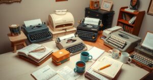 A vintage office setting with typewriters, coffee mugs, and paperwork, invoking a nostalgic film atmosphere.