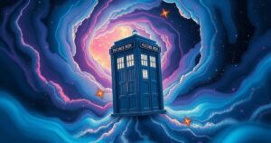 A montage of intergalactic elements like TARDIS, stars, and a galaxy backdrop representing adventure and time travel.