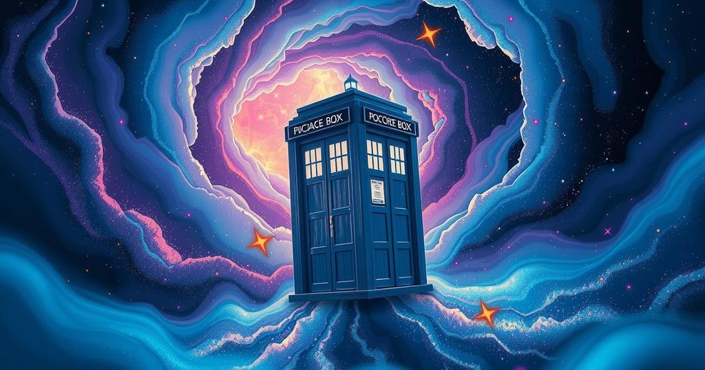 A montage of intergalactic elements like TARDIS, stars, and a galaxy backdrop representing adventure and time travel.