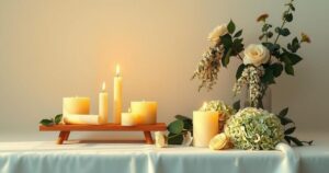 A candlelit vigil with soft flickering lights and flowers, symbolising remembrance and sorrow in French cinema.