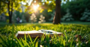 A serene landscape featuring a closed diary on green grass under soft sunlight, symbolising hidden stories.