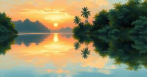 A serene landscape symbolizing complicated relationships, featuring a calm lake reflecting warm sunset colours.