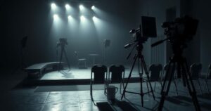A dramatic silhouette of a film set, capturing an atmosphere of tension and artistic conflict in muted tones.