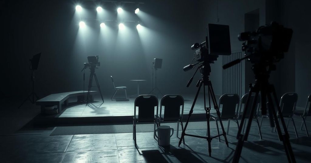 A dramatic silhouette of a film set, capturing an atmosphere of tension and artistic conflict in muted tones.
