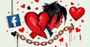 A dramatic collage portraying celebrity couple conflicts with symbols of social media, relationships, and emotional turmoil.