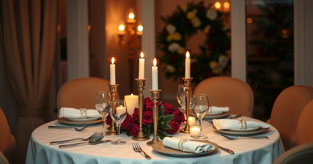 Candlelit dinner setting with a romantic atmosphere, featuring soft lighting and elegant tableware in muted tones.