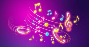 Dynamic imagery of music and ownership, featuring vibrant musical notes and symbols on a rich purple background.