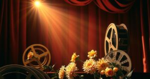 A cinematic tribute with vintage film reels, a stage spotlight, and flowers, representing a long entertainment career.