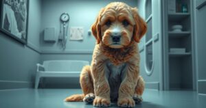 A melancholic scene with a sad goldendoodle in a vet clinic, soft lighting and cool hues portraying emotion and warmth.