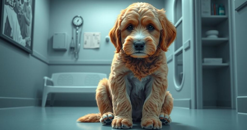 A melancholic scene with a sad goldendoodle in a vet clinic, soft lighting and cool hues portraying emotion and warmth.