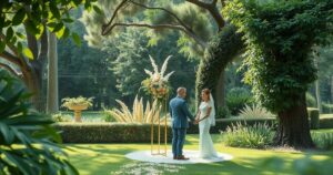 A serene park scene featuring a quaint wedding setting with greenery, subtle decorations, and a tranquil atmosphere.
