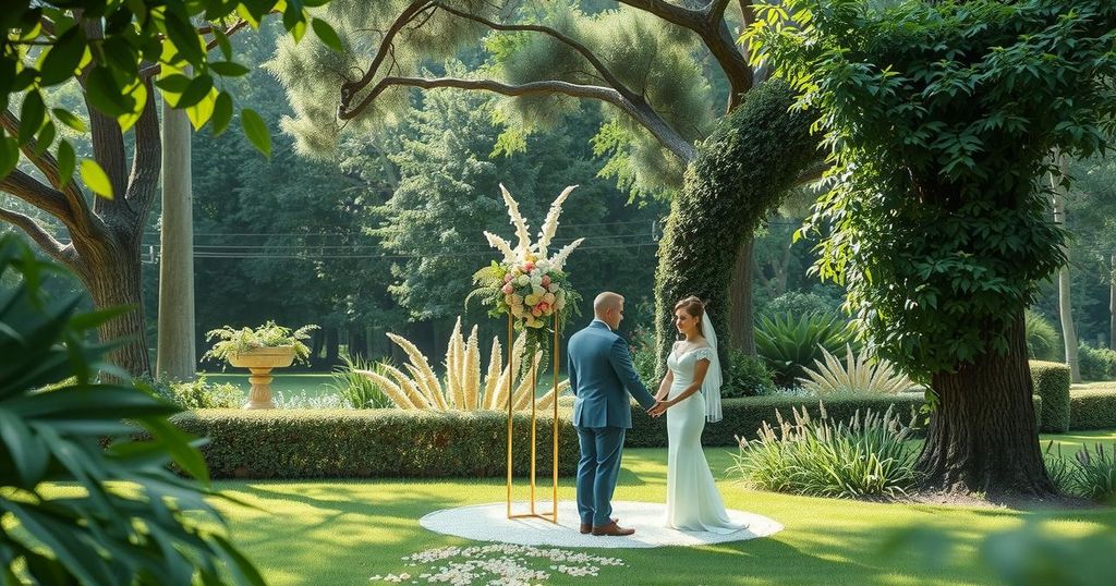 A serene park scene featuring a quaint wedding setting with greenery, subtle decorations, and a tranquil atmosphere.