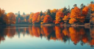 A serene lake surrounded by colourful autumn trees depicting change and separation.