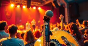 A vibrant concert scene with musical notes and instruments, illustrating the joy of live music in a celebratory atmosphere.