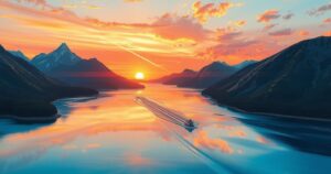 A peaceful landscape with a calm lake, mountains in the background, and vibrant sunset colours, symbolising reflection and healing.