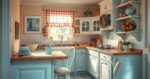 A serene scene of a vintage kitchen with pastel colours, symbolizing authenticity and timeless appeal, evoking nostalgia.