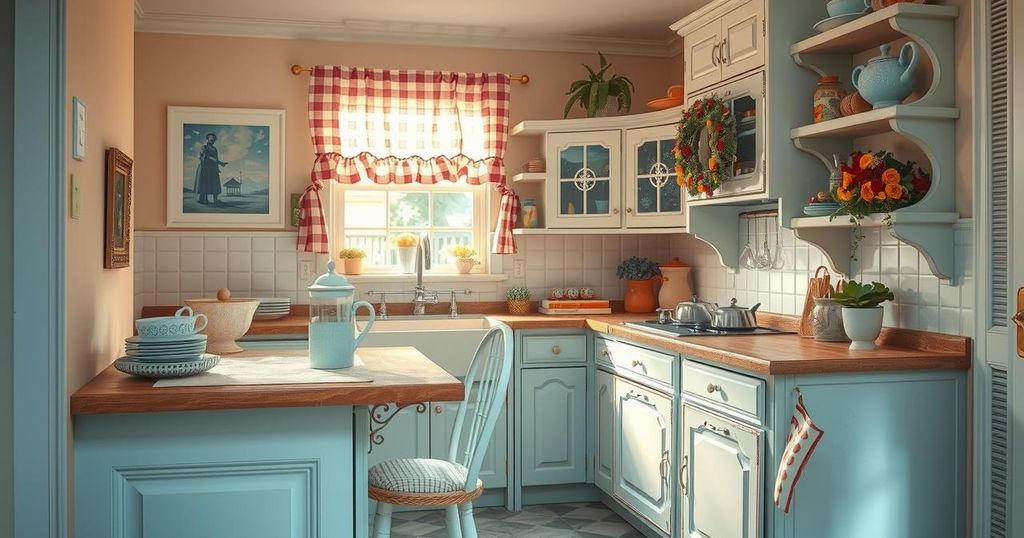 A serene scene of a vintage kitchen with pastel colours, symbolizing authenticity and timeless appeal, evoking nostalgia.