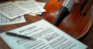 Divorce paperwork with a pen on a table surrounded by music sheets and a cello, symbolising family and artistic life.