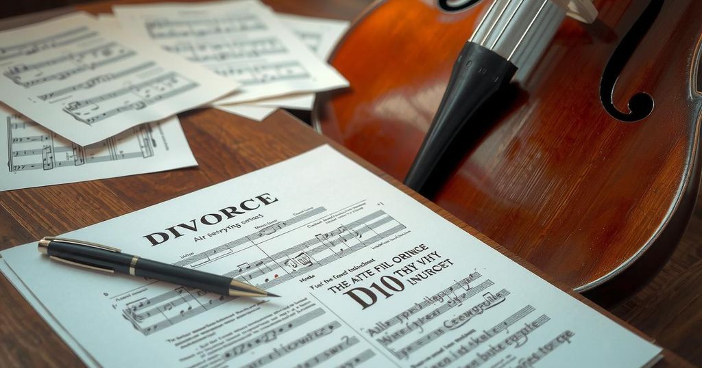 Divorce paperwork with a pen on a table surrounded by music sheets and a cello, symbolising family and artistic life.