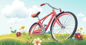 A whimsical scene featuring a vibrant bicycle falling over with playful details, in sunny pastel colours, capturing a light-hearted moment.