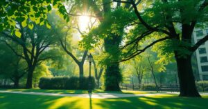 A serene New York City park scene with vibrant green trees and a calm atmosphere, symbolising resilience and hope.