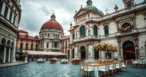 Venetian wedding scene with luxury decor and stunning architecture under grey skies, symbolizing wealth and celebration.