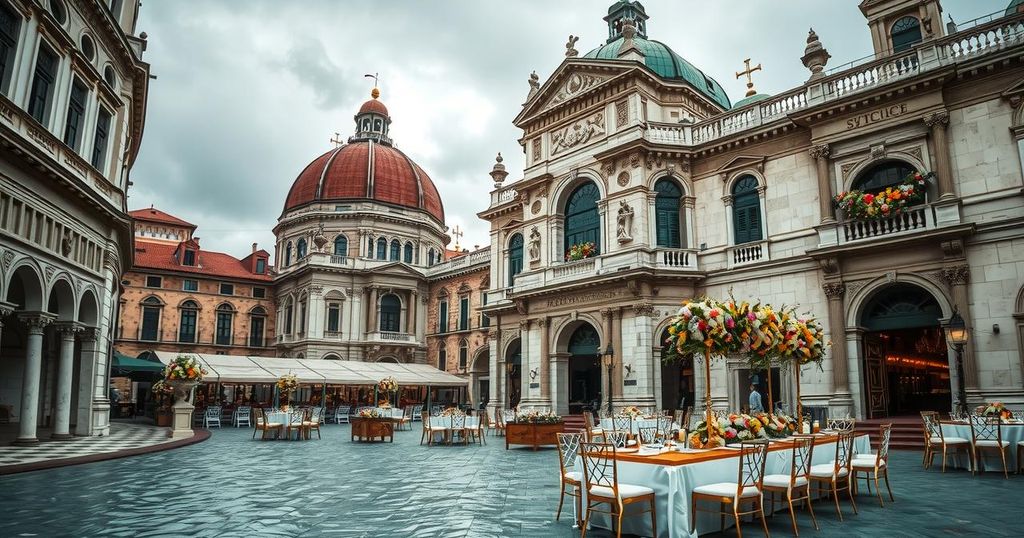 Venetian wedding scene with luxury decor and stunning architecture under grey skies, symbolizing wealth and celebration.