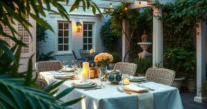 A serene family gathering scene depicting a beautifully set dining table in a garden, symbolising estrangement.