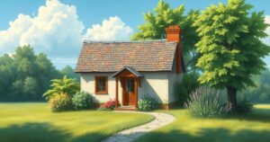 A serene house surrounded by greenery, with a calm sky, reflecting peace and financial tranquility.
