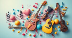 A colourful abstract design inspired by classic melodies, featuring musical notes and instruments in a vintage style.