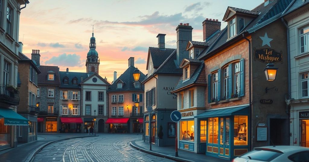 Elegant European cityscape with romantic ambiance, featuring soft pastel hues and street lanterns at twilight.