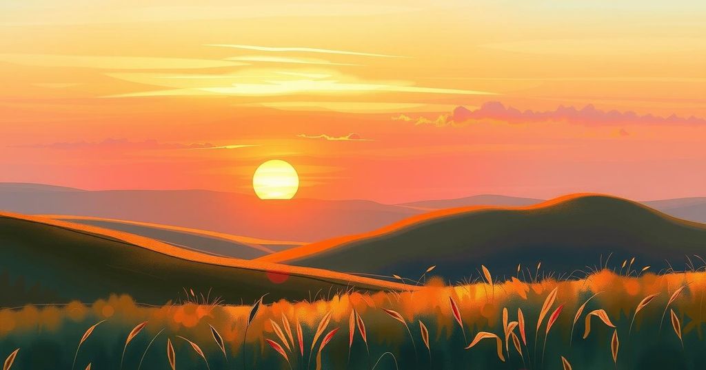 A serene sunset casting warm light over a peaceful landscape, symbolising love and loss in a country theme.