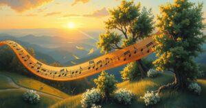 A serene landscape depicting musical elements and vibrant colours, symbolising harmony and creativity.