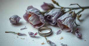 A broken wedding ring resting on a surface with a subtle, melancholic colour scheme.