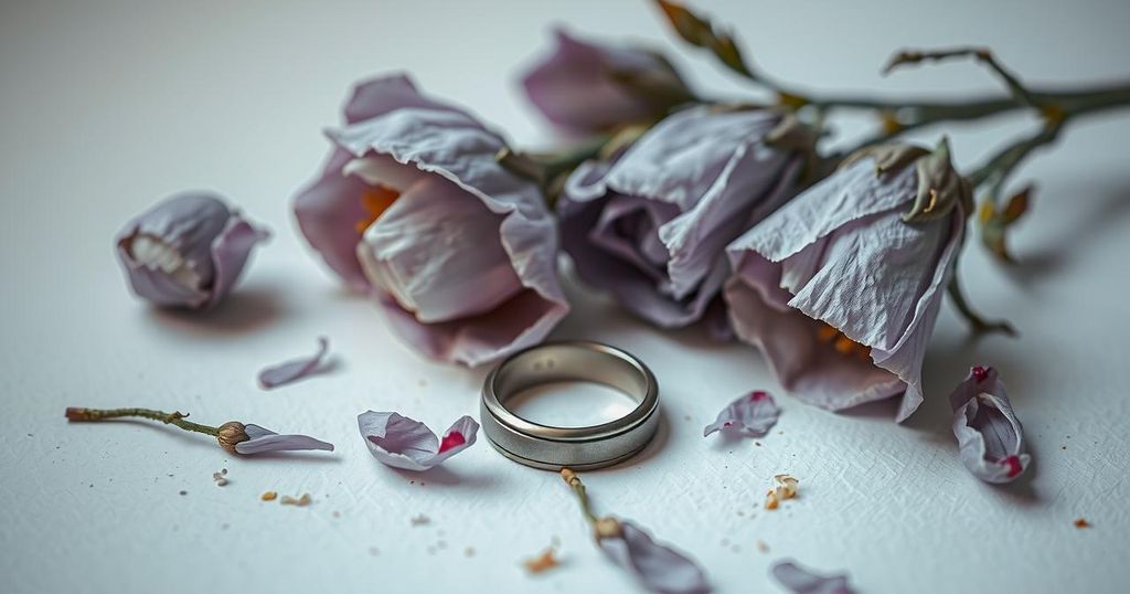 A broken wedding ring resting on a surface with a subtle, melancholic colour scheme.