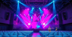 An empty concert stage setup with colourful lights and musical instruments, symbolising a postponed performance.