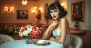 A classic Hollywood film scene featuring a glamorous vintage actress in a luxurious setting, soft pastel colors.