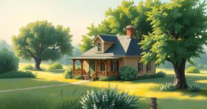 A serene landscape showing a quaint house in Texas surrounded by greenery, symbolizing fresh starts and new beginnings.