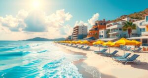A vibrant Ibiza beach scene featuring a sunny sky, shimmering waves, and colourful beach umbrellas with no people.